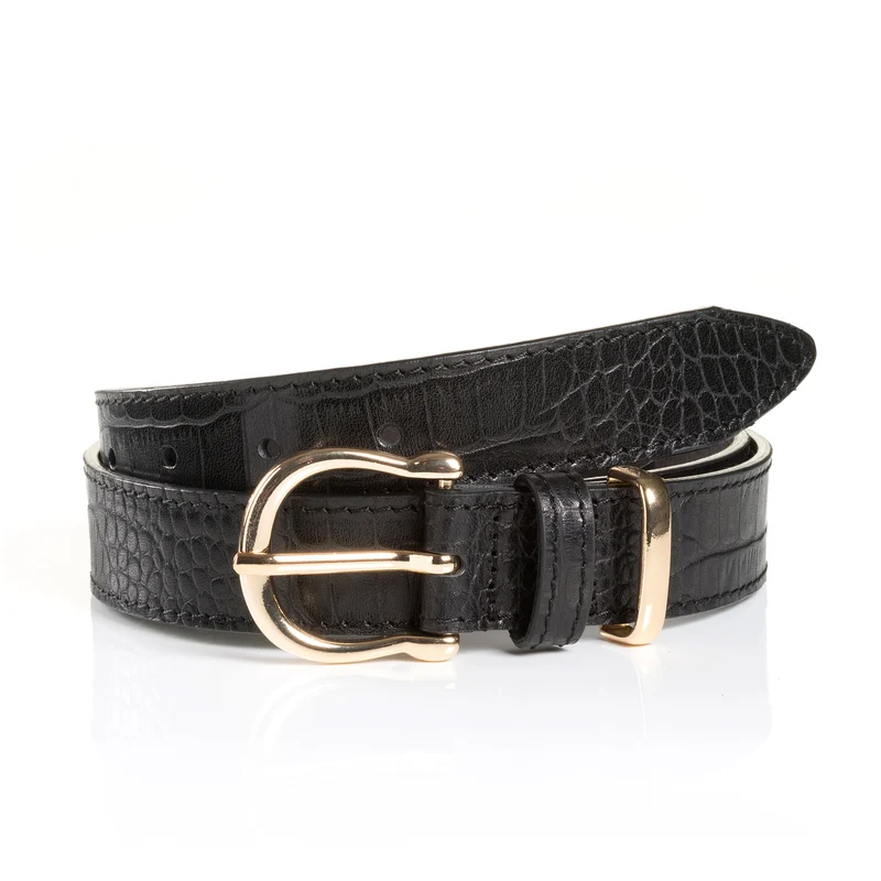 CREMONA black uni – Ledergürtel Damen 3 cm mit Kroko-Prägung