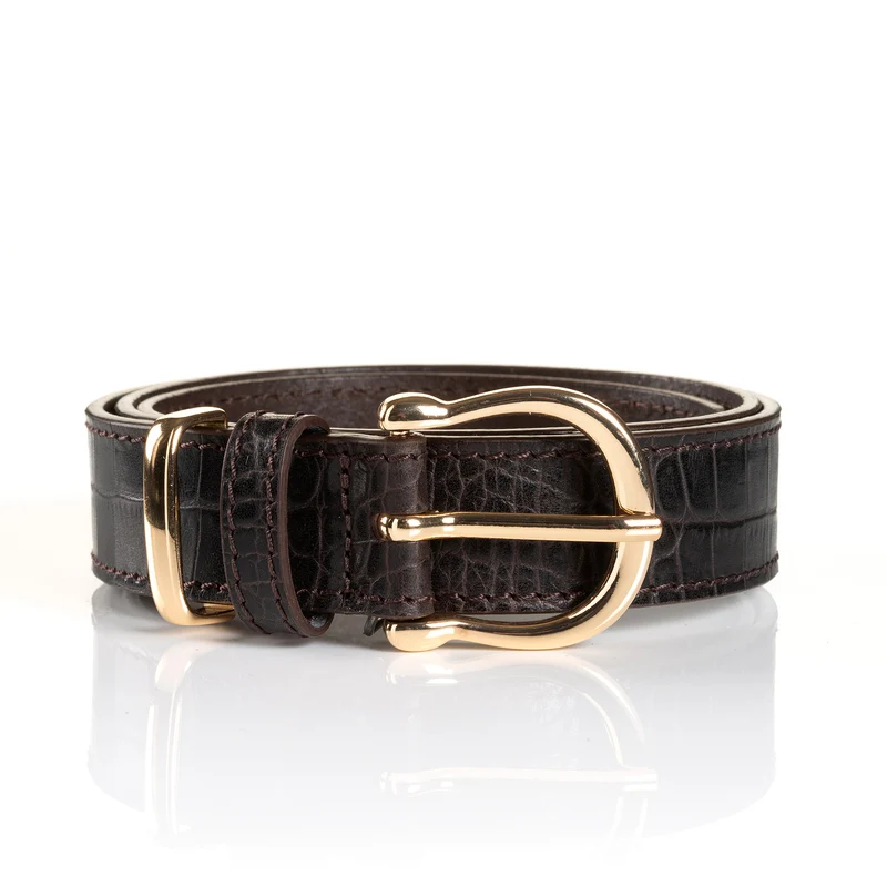 CREMONA dark brown uni – Ledergürtel Damen 3 cm mit Kroko-Prägung