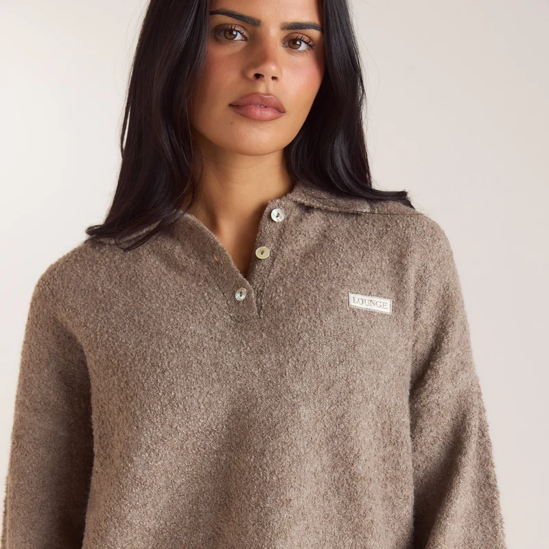 Bouclé-Strickpullover mit Polokragen - Taupe