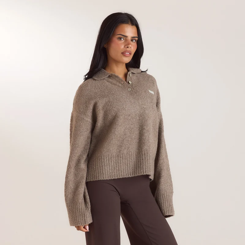 Bouclé-Strickpullover mit Polokragen - Taupe