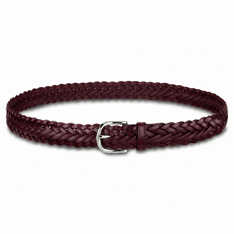 Flechtgürtel Bordeaux - „Andrea“: 3 cm, handgeflochten, Schnalle in Silber