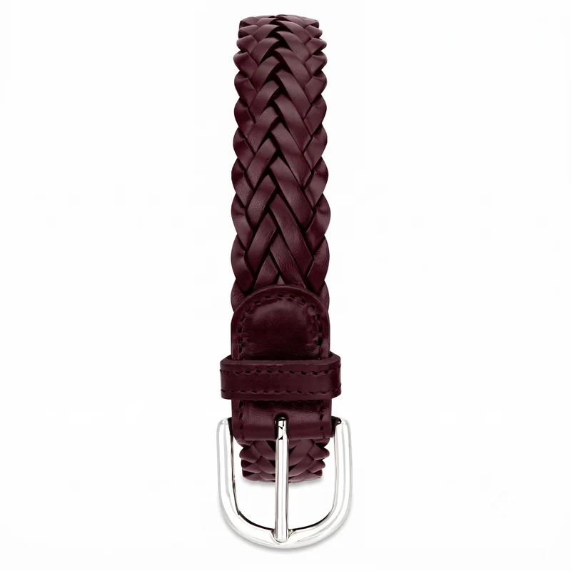 Flechtgürtel Bordeaux - „Andrea“: 3 cm, handgeflochten, Schnalle in Silber