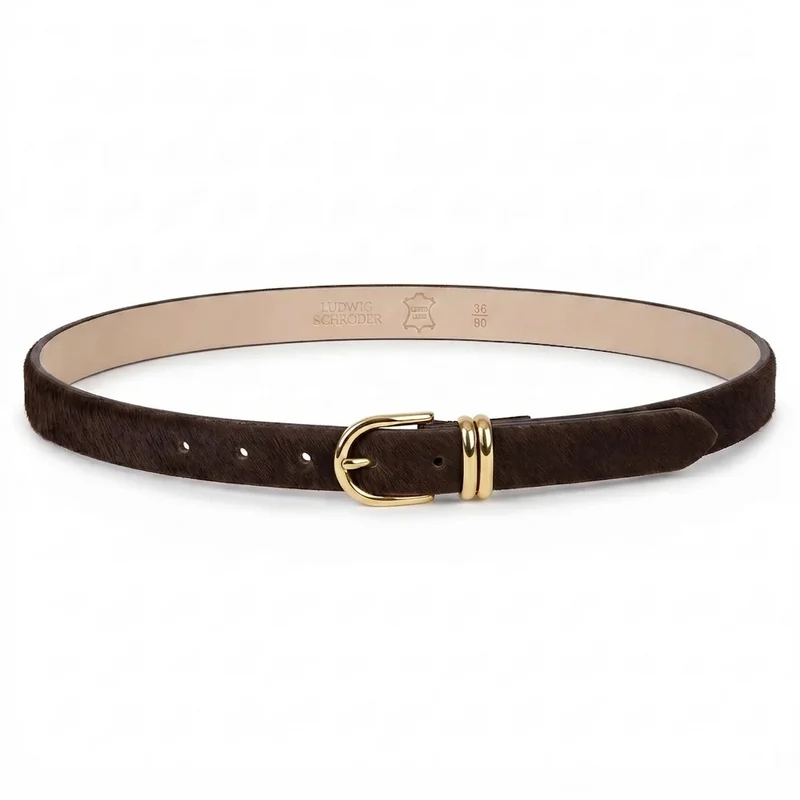 Damen Fellgürtel „Emi“ in Dunkelbraun – 2,5 cm, echt Kuhfell & goldene Schnalle