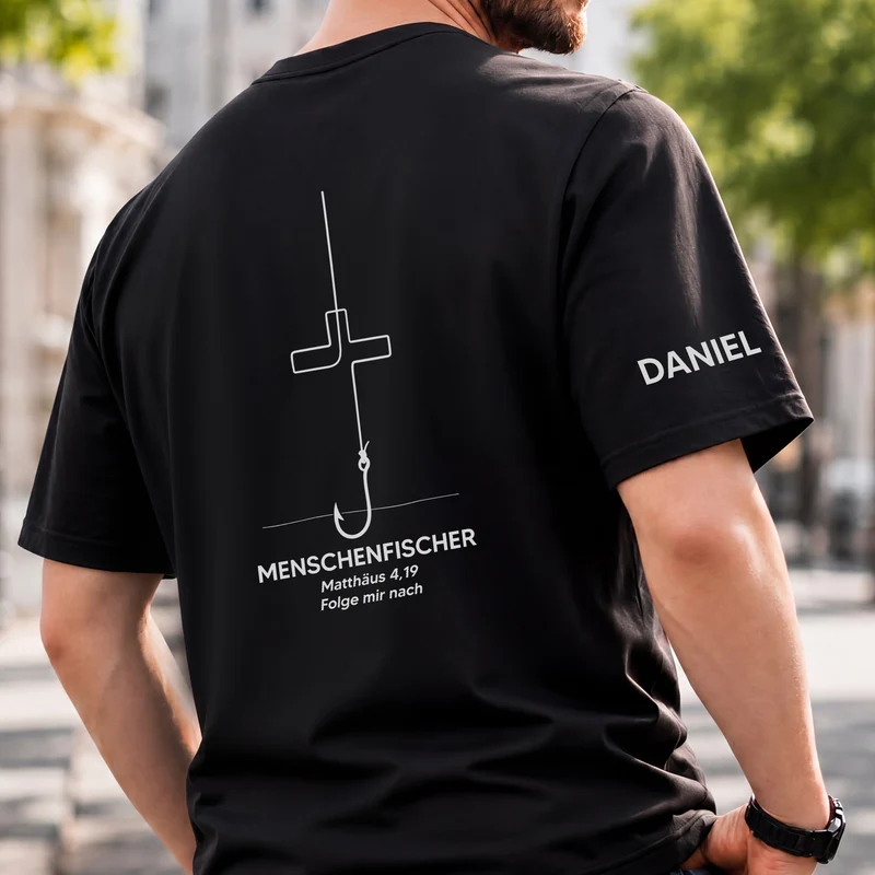 Menschenfischer Matthäus 4,19 Folge Mir Nach - Personalisiertes T-Shirt Mit Rücken- Und Ärmelprint