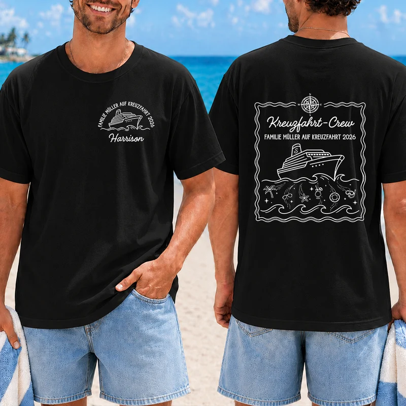 Familie Kreuzfahrt-Crew - Personalisiertes T Shirt Bedrucken Beidseitig Schwarz