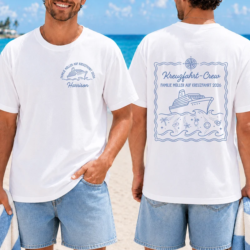 Familie Kreuzfahrt-Crew - Personalisiertes T Shirt Bedrucken Beidseitig Weiß