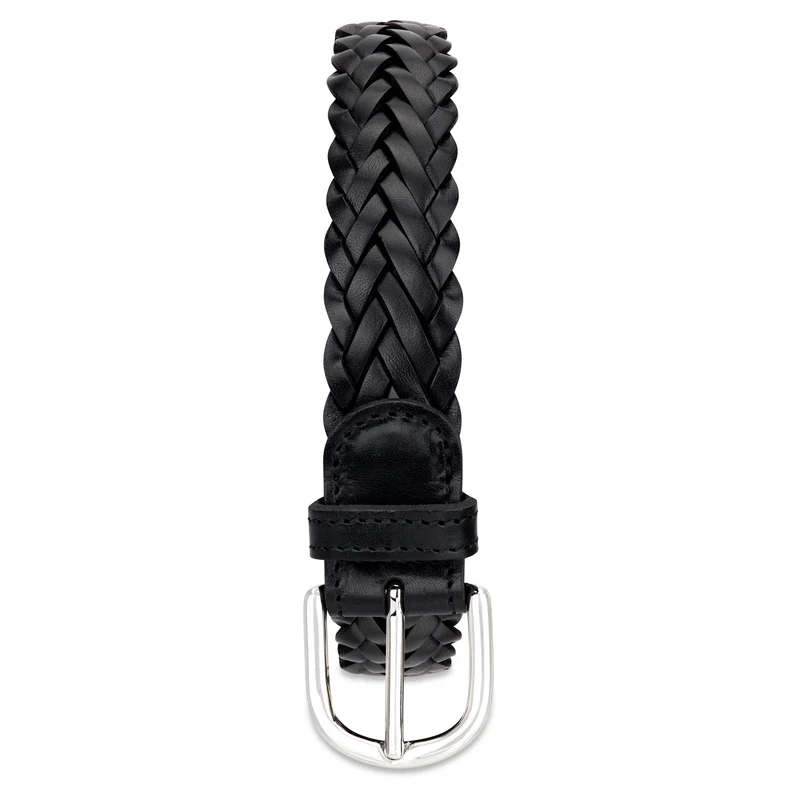 Flechtgürtel Schwarz - „Andrea“: 3 cm, handgeflochten, Schnalle in Silber
