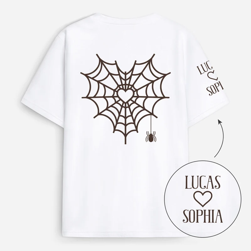 Spinnennetz Herz - Personalisiertes T-Shirt Mit Rücken- Und Ärmelprint Paar