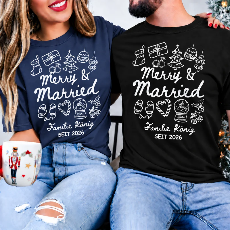 Merry & Married - Partner T Shirt Personalisiert Weihnachten