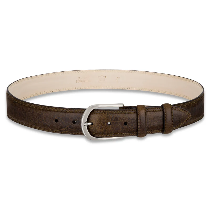 Authentischer Herren Ledergürtel „Gregory“ in Oliv – 4 cm, extra stark bombiert mit Edelstahlschnalle