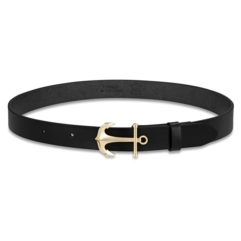 „Coco“ - Schwarzer Damengürtel mit Anker-Schmuckschnalle in Gold, 2,8 cm
