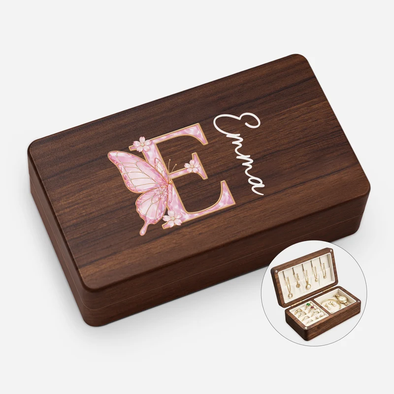 [3D-Optik] Alphabet Namen Buchstabieren Schmetterling - Personalisierte Geschenke Für Frauen | Schmuckkästchen Holz Base Dark