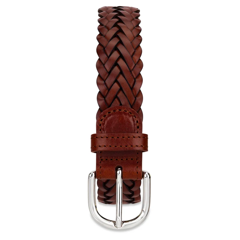 Flechtgürtel Cognac - „Andrea“: 3 cm, handgeflochten, Schnalle in Silber