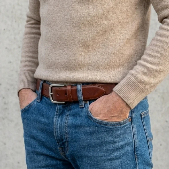 Lebenslang-Gürtel „Hannes“ in Cognac – 4 cm, bombierter Herren Jeansgürtel mit massiver Edelstahlschnalle