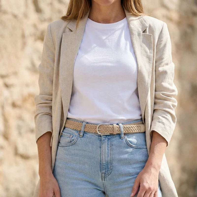 Damen Flechtgürtel aus Veloursleder: „Francesca“ in Beige/ Sand – 3,5 cm breit