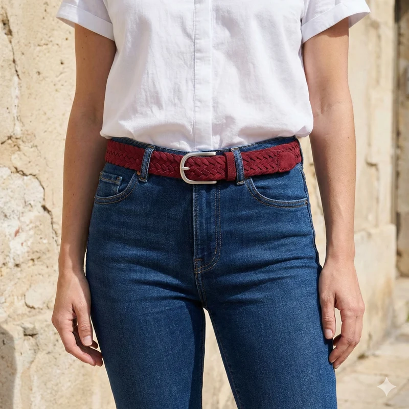 Damen Flechtgürtel aus Veloursleder: „Francesca“ in Rot – 3,5 cm breit