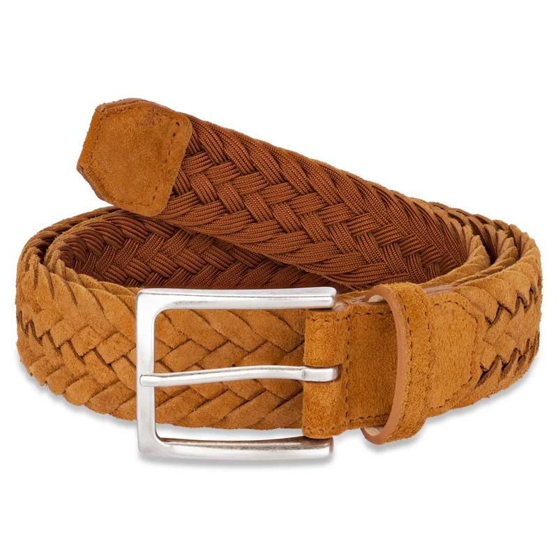 Leichter Herren Flechtgürtel aus Veloursleder: „Francesco“ in Caramel – 3,5 cm breit