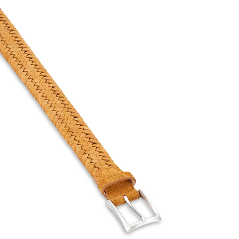 Leichter Herren Flechtgürtel aus Veloursleder: „Francesco“ in Caramel – 3,5 cm breit