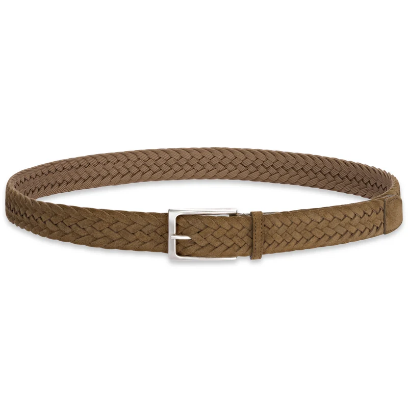 Leichter Herren Flechtgürtel aus Veloursleder: „Francesco“ in Khaki – 3,5 cm breit