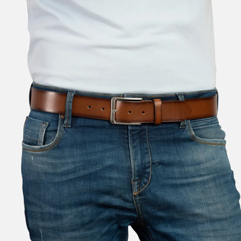 DALLAS silber Schließe cognac – Ledergürtel Herren 4 cm
