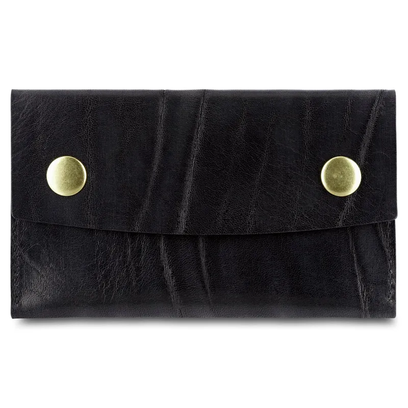 Kleines Geld- & Kartenetui „JULIUS“ aus Gipsy Leder in Schwarz, Messing-Druckknöpfe