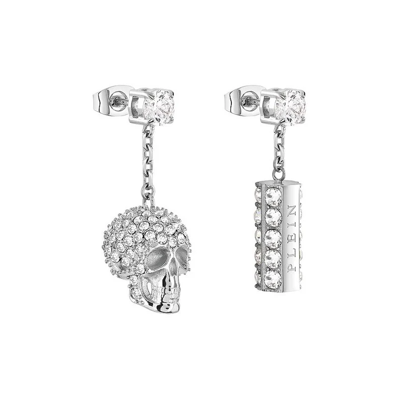 Philipp Plein Damen Ohrringe Ohrstecker SLIDING $KULL Silberfarben, Weiß PJ3EA02EU