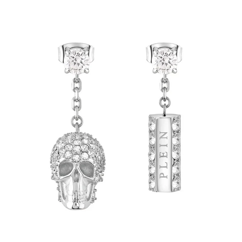 Philipp Plein Damen Ohrringe Ohrstecker SLIDING $KULL Silberfarben, Weiß PJ3EA02EU