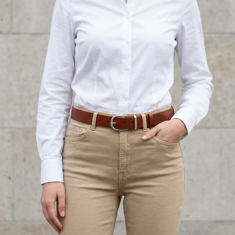 Weicher Jeansgürtel für Damen, Ledergürtel „Antonia" in Cognac, 3,5cm breit, Silberschnalle
