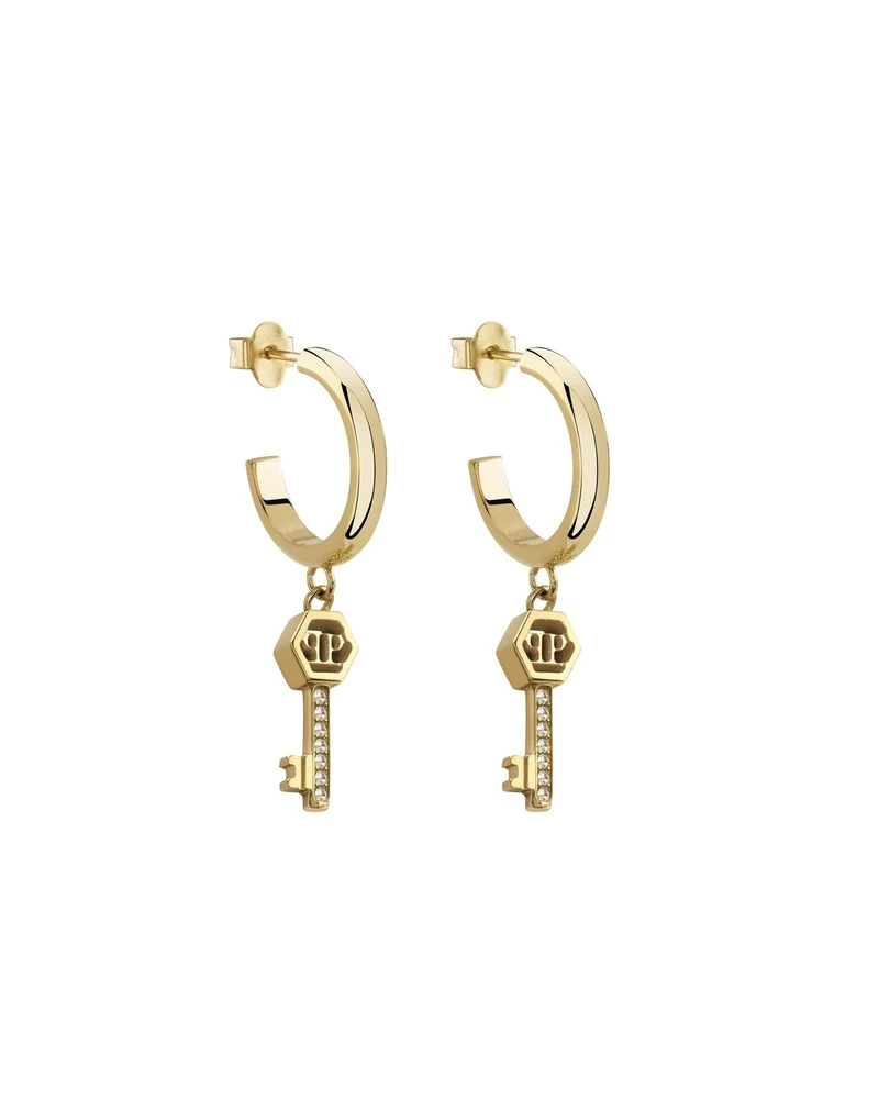 Philipp Plein Damen LADY VALENTINE IP Yellow Gold White Crystals Key Hoop Earrings PJHGA21EU