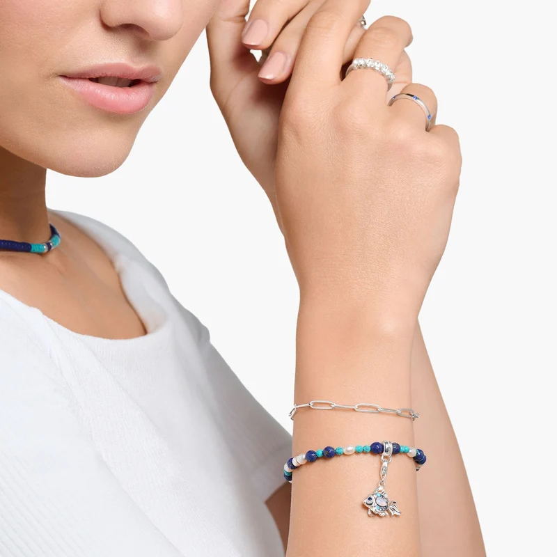 Thomas Sabo Charm-Anhänger Fisch 925 Sterlingsilber geschwärzt Glas-Keramik Stein pink Opalsynthetischer Spinell Zirkonia
