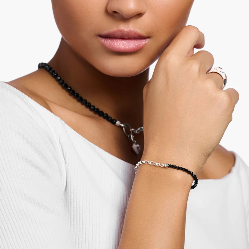 Thomas Sabo Damen Charm-Armband mit schwarzen Onyx-Beads Silber A2100-130-11-L14