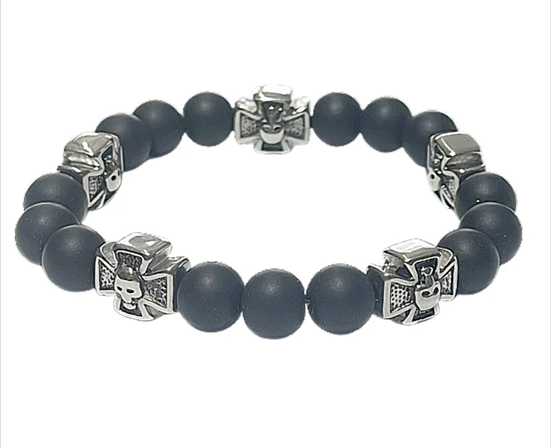 Skull Cross Lava Armband mit Lavasteinkugeln und Totenkopf-Kreuz aus Edelstahl