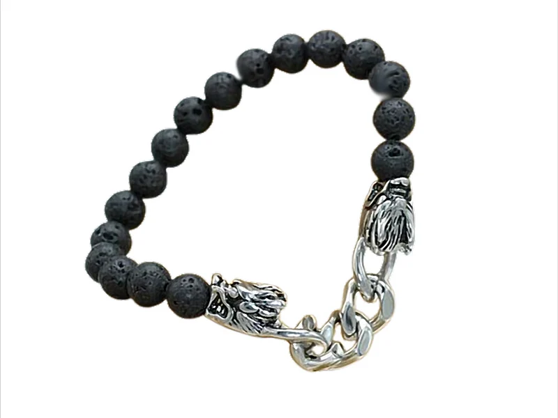 Dragon Lava Chain Armband mit Lavasteinkugeln und Drachenköpfen aus Edelstahl