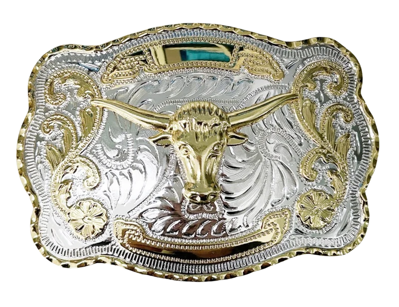 XXL Western Gürtelschnalle Longhorn – Gold/Silber mit Western-Ornamenten
