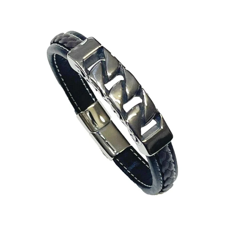 Biker Lederarmband, Schwarz mit Silber-Edelstahlelementen, Geflochtenes Design