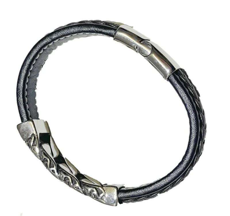 Biker Lederarmband, Schwarz mit Silber-Edelstahlelementen, Geflochtenes Design