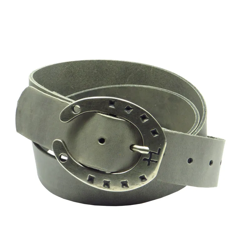 Ledergürtel 4 cm breit hellgrau Rindsleder mit Hufeisenschnalle Silber