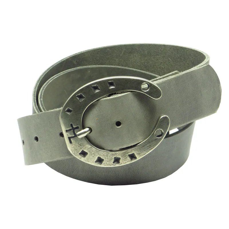 Ledergürtel 4 cm breit hellgrau Rindsleder mit Hufeisenschnalle Silber