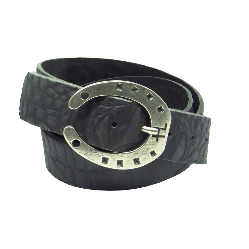 Ledergürtel 4 cm breit schwarz Büffelleder mit Krokoprägung mit Hufeisenschnalle Silber