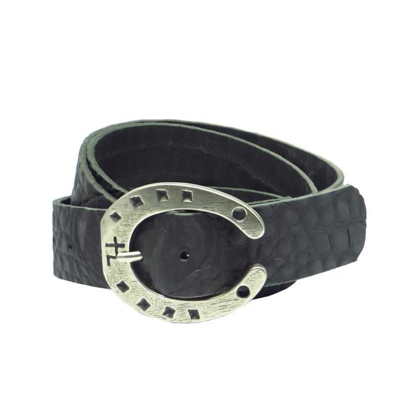 Ledergürtel 4 cm breit schwarz Büffelleder mit Krokoprägung mit Hufeisenschnalle Silber