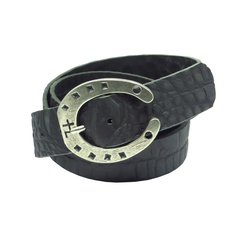 Ledergürtel 4 cm breit schwarz Büffelleder mit Krokoprägung mit Hufeisenschnalle Silber