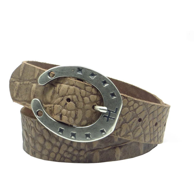 Ledergürtel 4 cm breit braun mit Krokoprägung Büffelleder mit Hufeisenschnalle Silber