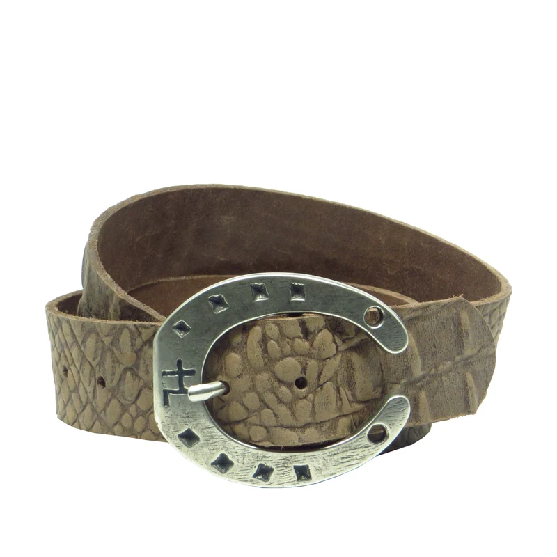 Ledergürtel 4 cm breit braun mit Krokoprägung Büffelleder mit Hufeisenschnalle Silber