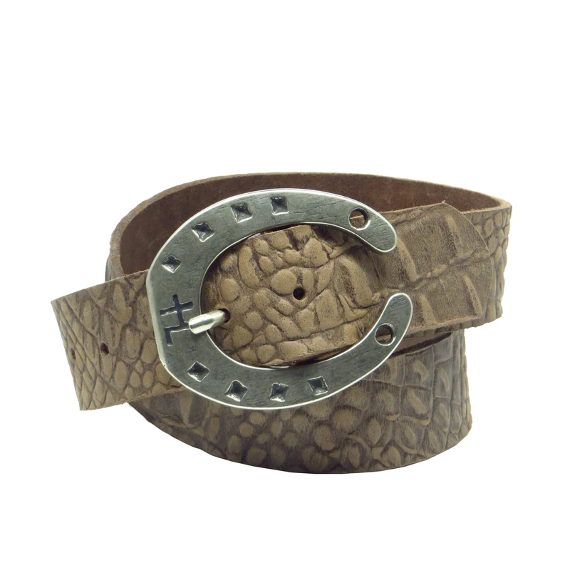 Ledergürtel 4 cm breit braun mit Krokoprägung Büffelleder mit Hufeisenschnalle Silber