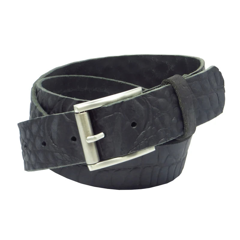 Ledergürtel 4 cm breit schwarz mit Krokoprägung Büffelleder