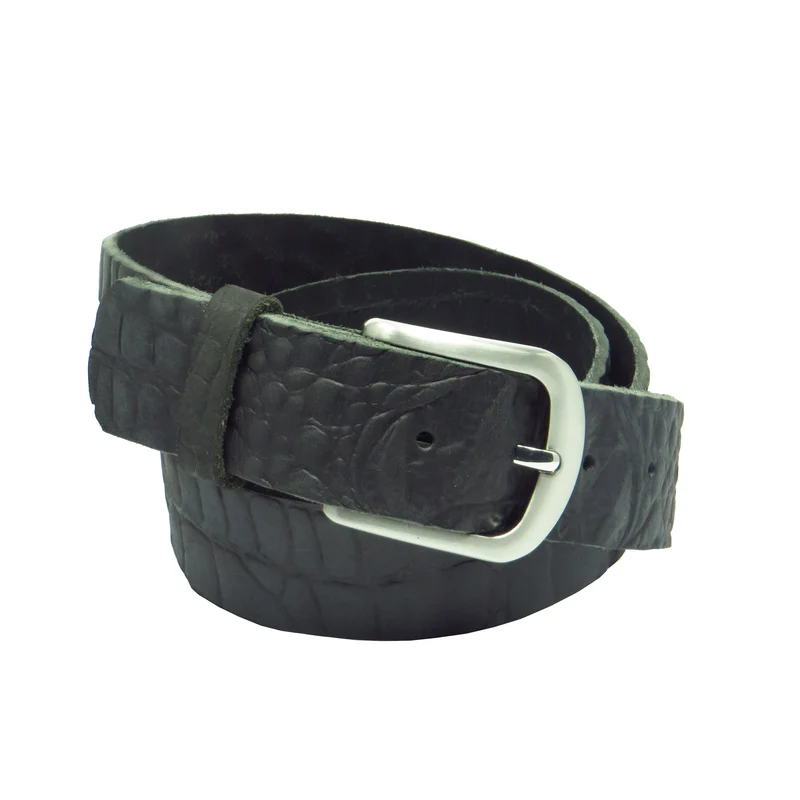 Ledergürtel 4 cm breit schwarz mit Krokoprägung Büffelleder