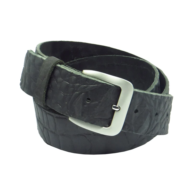 Ledergürtel 4 cm breit schwarz mit Krokoprägung Büffelleder