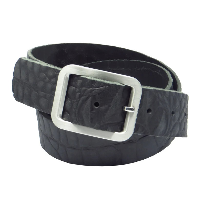 Ledergürtel 4 cm breit schwarz mit Krokoprägung Büffelleder