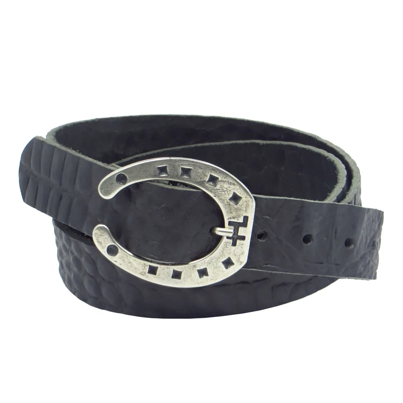 Ledergürtel 3 cm breit schwarz mit Krokoprägung mit Hufeisenschnalle
