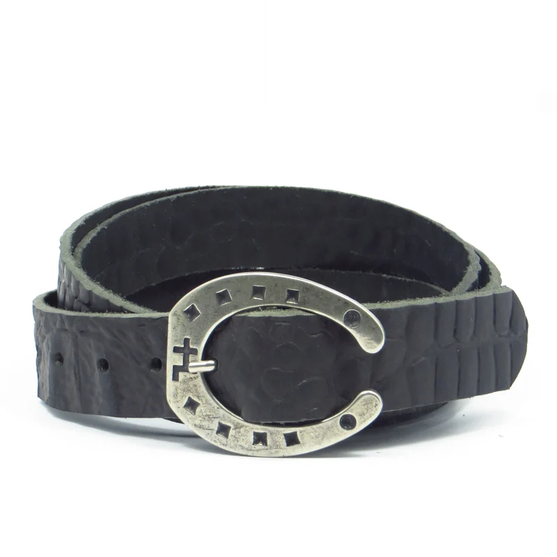 Ledergürtel 3 cm breit schwarz mit Krokoprägung mit Hufeisenschnalle